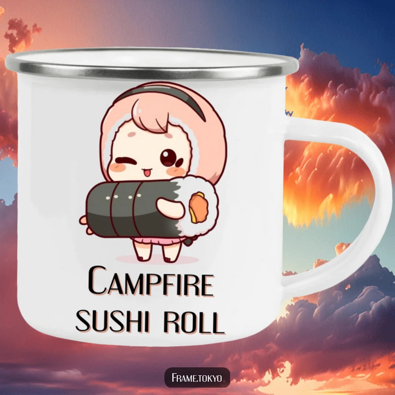 Funny camping mug with a winking character holding a long sushi roll, perfect for humorous outdoor adventures and drink enjoyment.