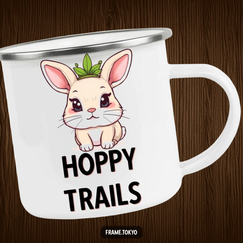 Funny Kawaii rabbit camping mug showing a mischievous rabbit wearing a leafy crown, durable and perfect for outdoor fun.