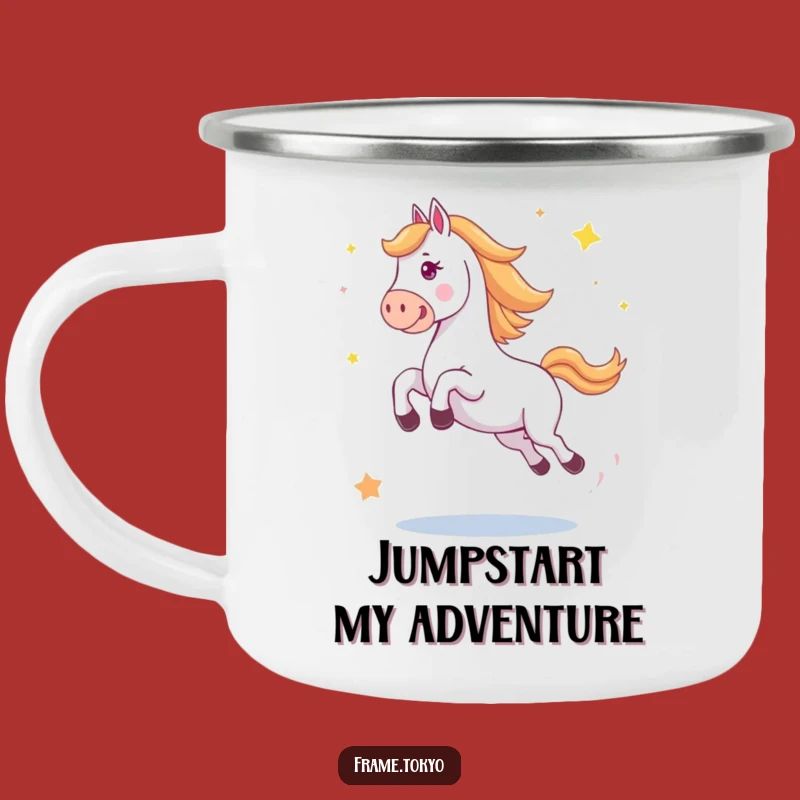Funny Happy Jumping Horse Stars Camping Mug - Outdoor Equine Celebration Gift