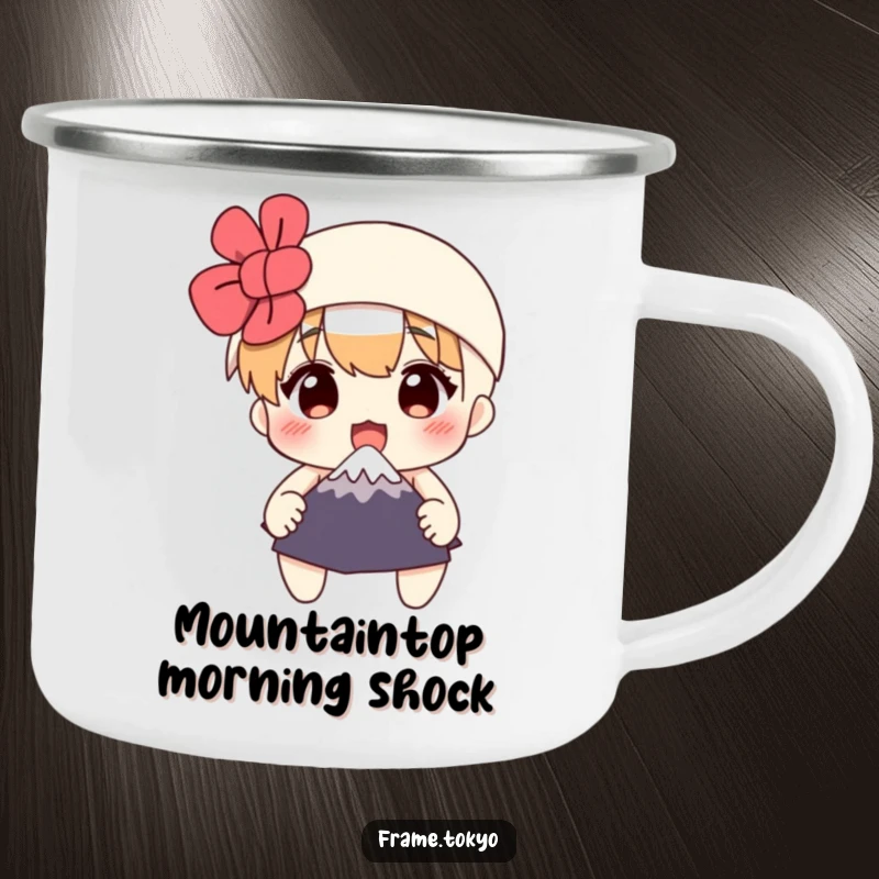 Funny camping mug featuring a surprised character clutching a tiny Mount Fuji, perfect for outdoor humor and travel adventures.