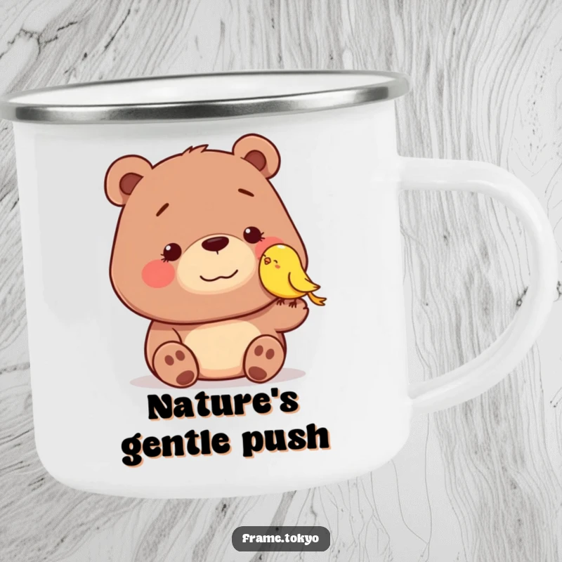 Funny camping mug featuring a dopey-smiling bear being nudged by a tiny, smiling bird, perfect for enjoying drinks outdoors with humor.