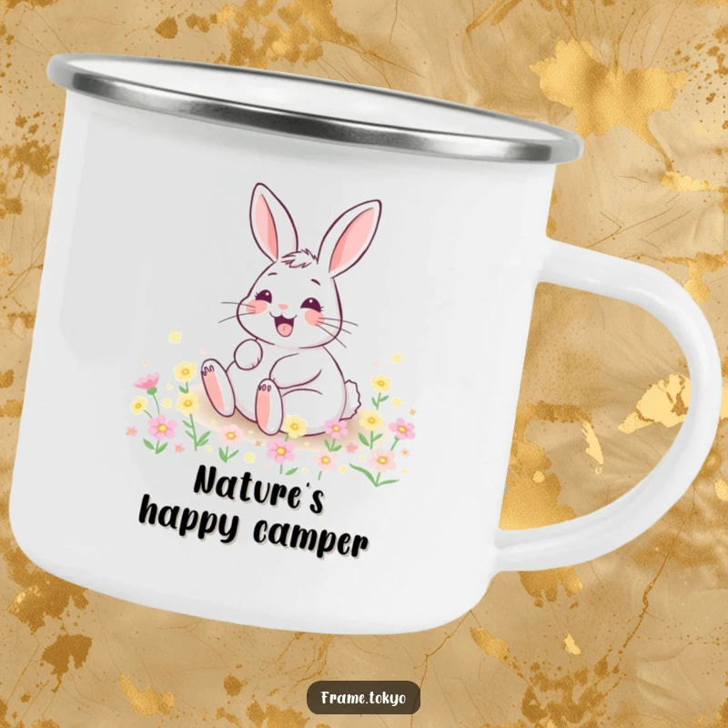 Funny camping mug of a happy rabbit with a wide grin, rolling in a field of tiny, glowing flowers during adventures.