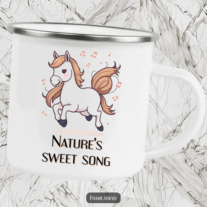Funny musical horse gallop camping mug, perfect for outdoor enthusiasts who appreciate the blend of nature, music, and a spirited equine design.