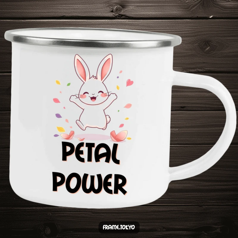 Funny Kawaii rabbit camping mug showing a joyful rabbit leaping amidst colorful petals, durable and perfect for outdoor fun.