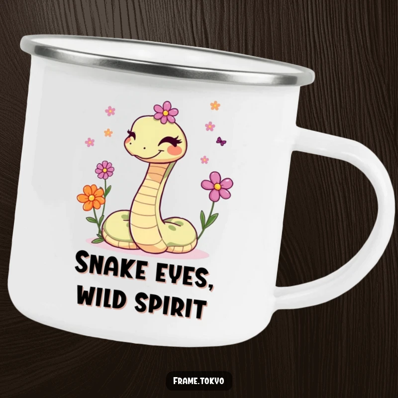 Funny camping mug featuring a winking snake juggling a delightful bouquet of small, colorful flowers during an outdoor scene.