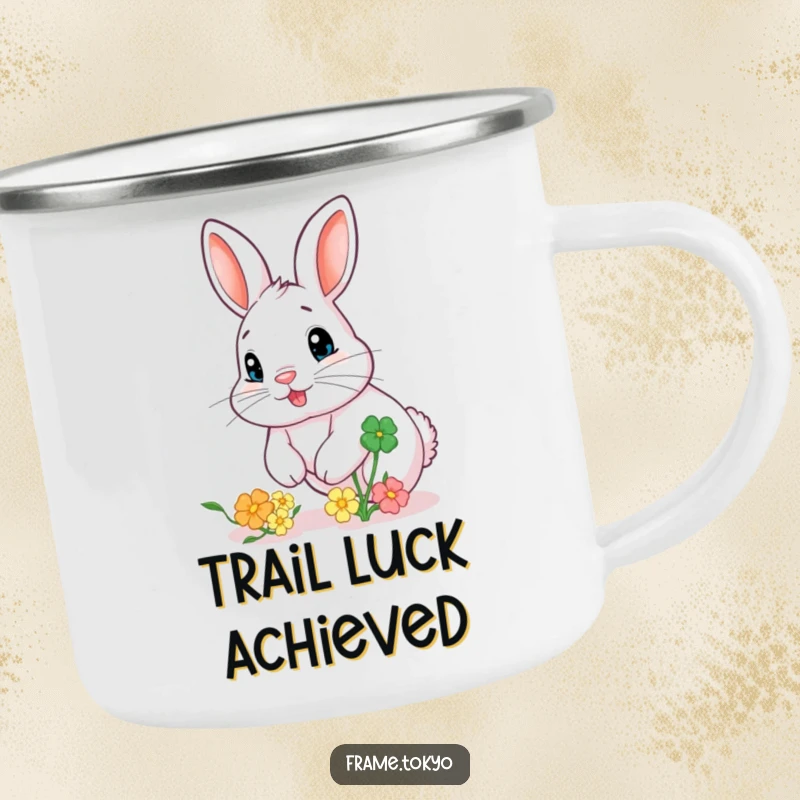 Funny camping mug of a rabbit with a twitching nose, chasing a large, bouncing, colorful clover on an outdoor adventure.