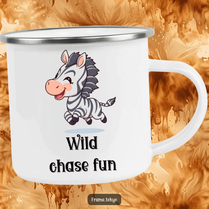 Funny zebra camping mug; a joyful zebra chases its tail, ready for campfire stories and playful moments.
