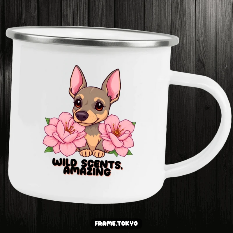 Funny pinscher camping mug showing a dog with a curious head tilt, sniffing giant, sweet-smelling flowers with gentle interest.