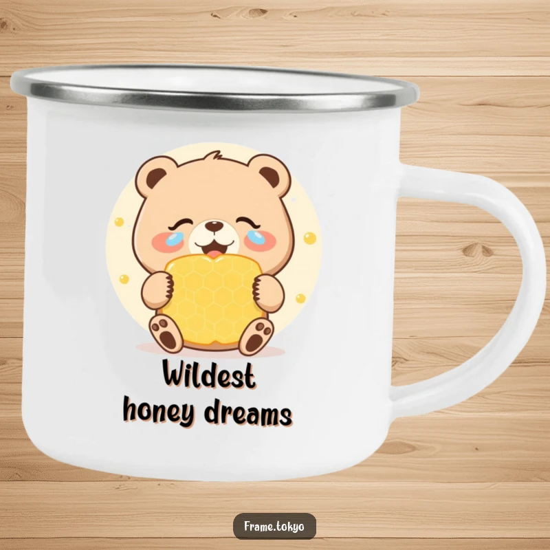 Funny camping mug featuring a bear with joyous tears celebrating a giant, sweet honeycomb, perfect for enjoying drinks outdoors with humor.
