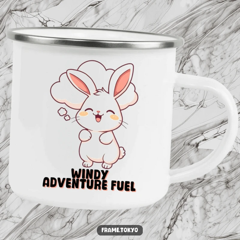 Funny camping mug showing a rabbit wiggling with joy, being gently blown by a smiling, fluffy cloud.
