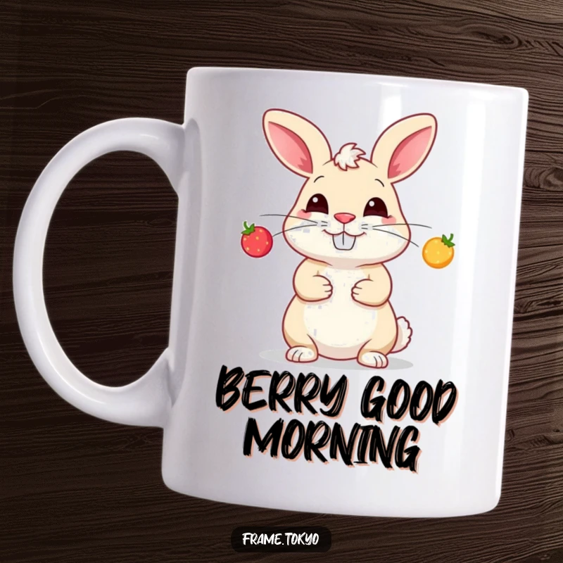 Funny mug showing a joyful rabbit with a wide, silly grin, expertly juggling three small, brightly glowing berries.