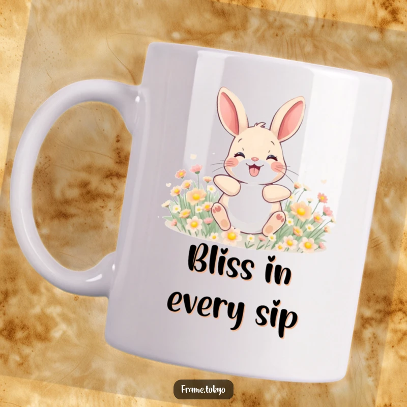 Funny mug featuring a happy rabbit with a wide grin, blissfully rolling amidst tiny, glowing flowers.