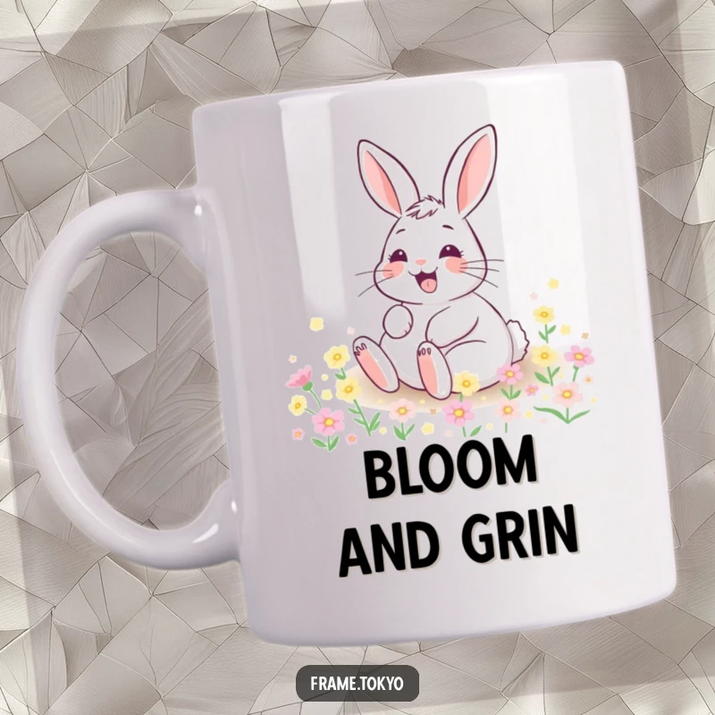 Funny mug showing a happy rabbit with a wide grin rolling joyfully in a field of tiny, glowing, magical flowers.