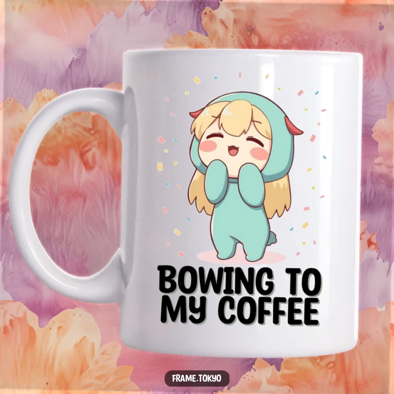 Funny Character Mug: Enthusiastic character bowing deeply, surrounded by abstract confetti, a celebratory design.