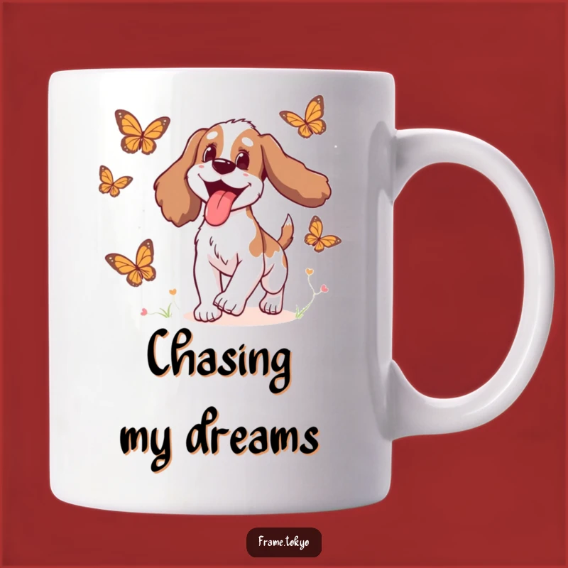 Funny Delighted Spaniel Mug: Chasing Fun with Butterflies!