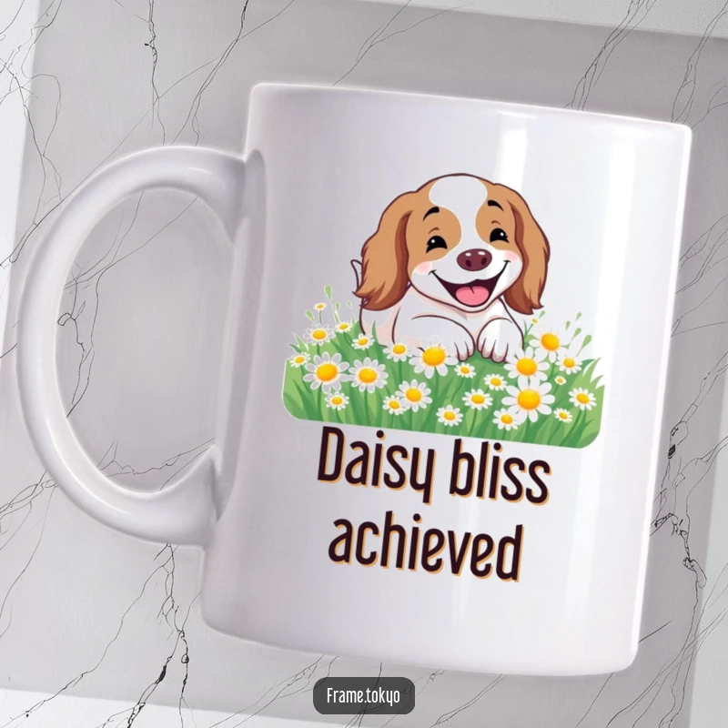 Funny Spaniel Mug featuring a happy spaniel with a wide smile rolling joyfully amongst a field of bright daisy flowers.