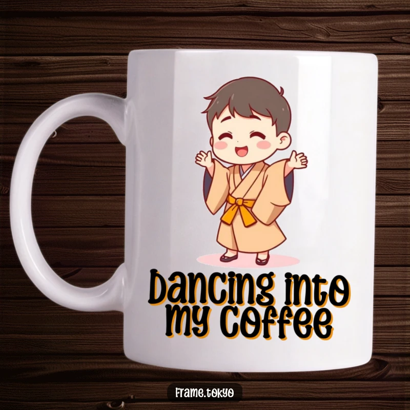 Funny mug with a small, happy character in a traditional Japanese robe doing a silly, joyful dance, radiating fun.