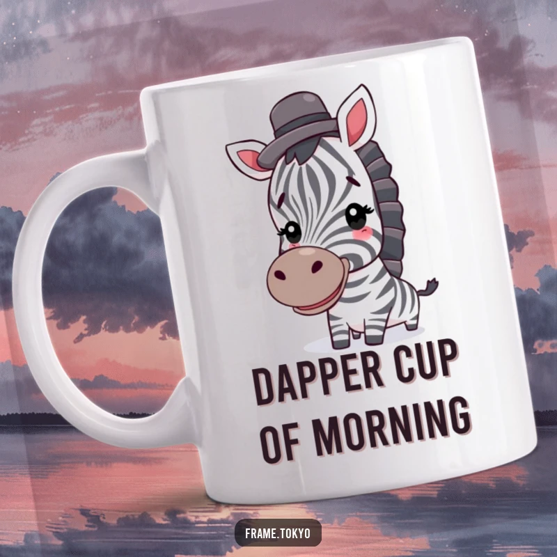 Funny zebra mug; a happy zebra grins widely while balancing a small, dapper top hat, exuding charm.