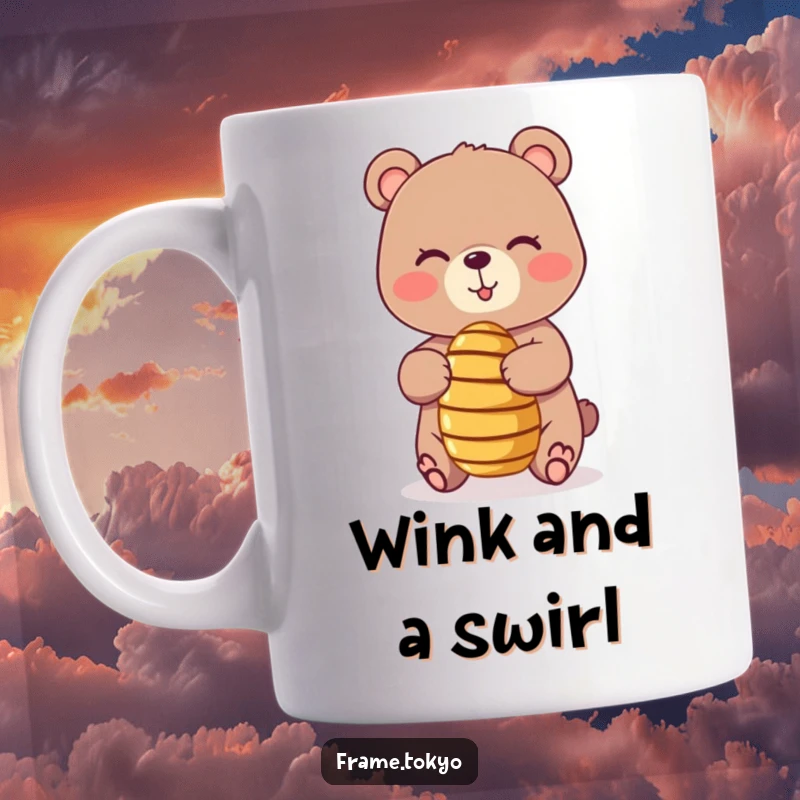 Funny mug showcasing a playful, winking bear expertly balancing a tiny, spinning honey dipper, radiating skill and humorous delight.