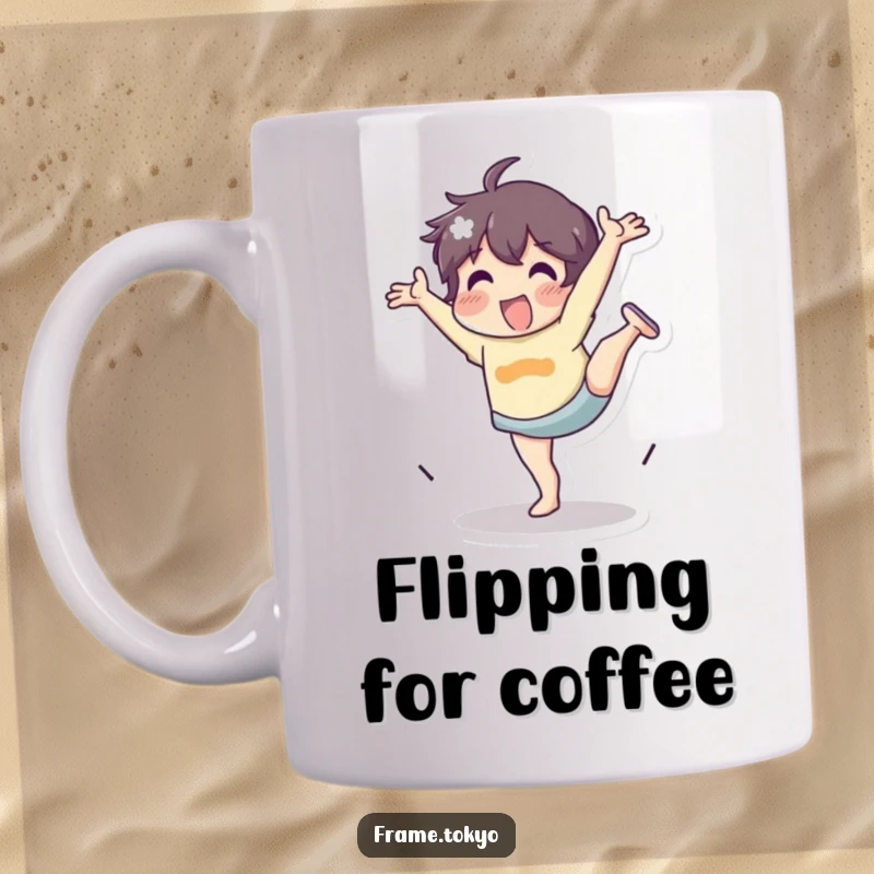 Funny Mug showing a character performing a cartwheel with great energy and enthusiasm, conveying pure joy and movement.