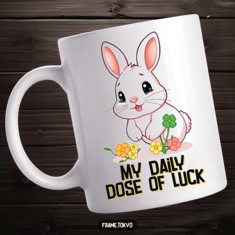 Funny mug showcasing a rabbit with a nose twitch, playfully chasing a bouncing, colorful clover, embodying pure joy and mischief.