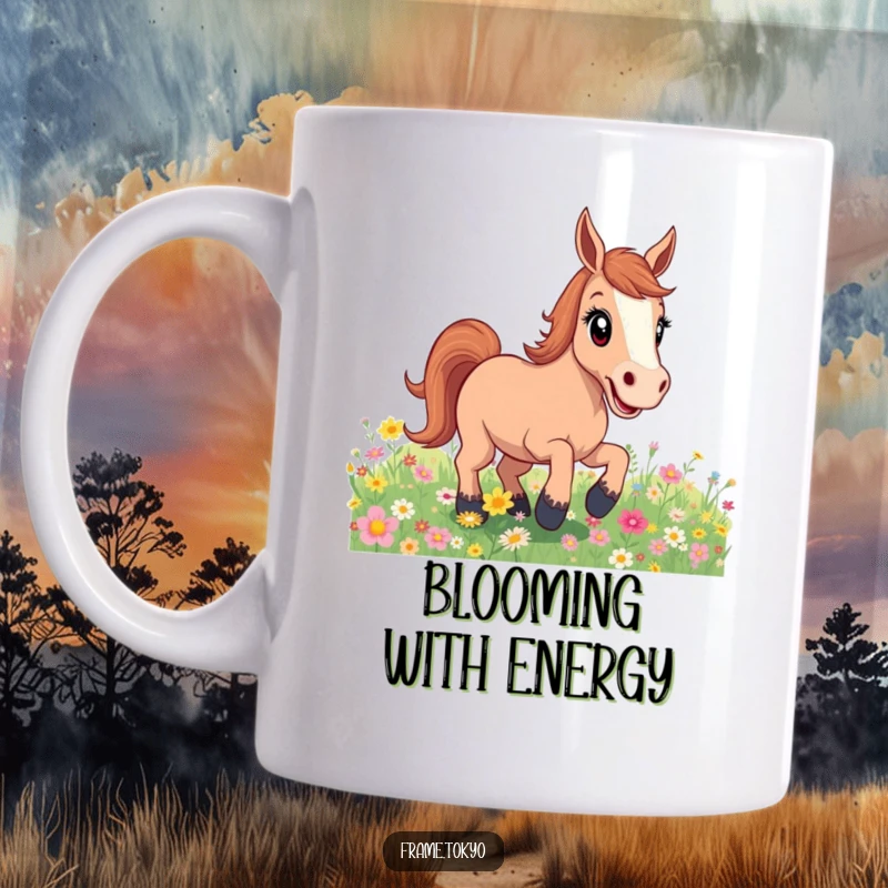 Funny excited horse mug, joyfully bucking in a vibrant flower field, capturing a moment of pure, unbridled happiness and freedom.