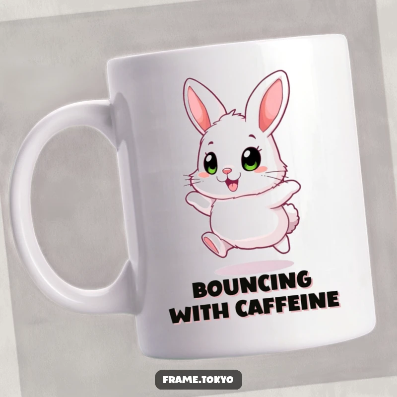 Funny Fluffy Rabbit Mug with big, excited eyes, joyfully hopping, a humorous and cheerful animal design.