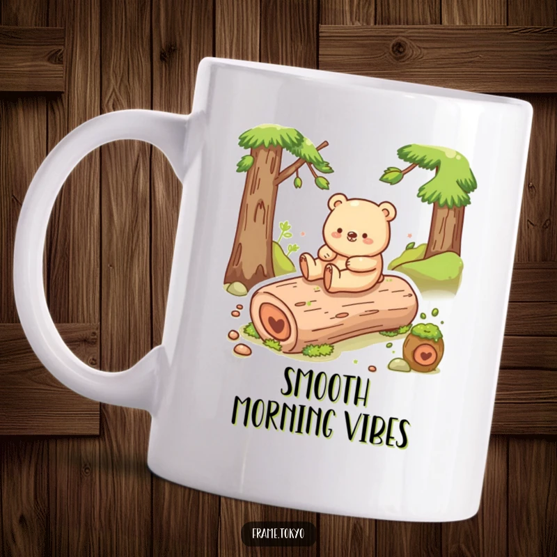 Funny bear mug showing a happy bear with a joyful shuffle, sliding smoothly down a mossy log with pure delight.