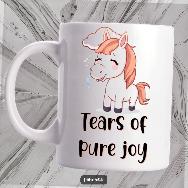 Funny horse mug showing a horse with joyful tears, its mane gently blown by a cute, smiling cloud, evoking pure delight.