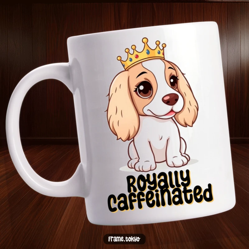 Funny Spaniel Mug featuring a spaniel with a sly, mischievous glint in its eyes, wearing a comically tiny golden crown.