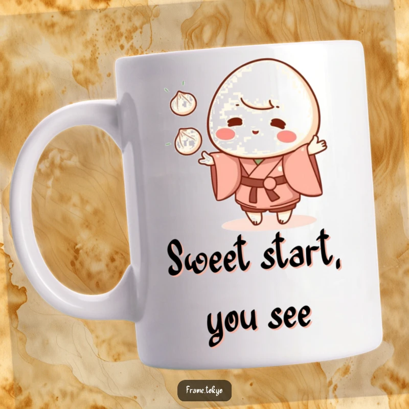 Funny mochi character in a kimono juggling three small dumplings, looking skillful and happy on a mug.