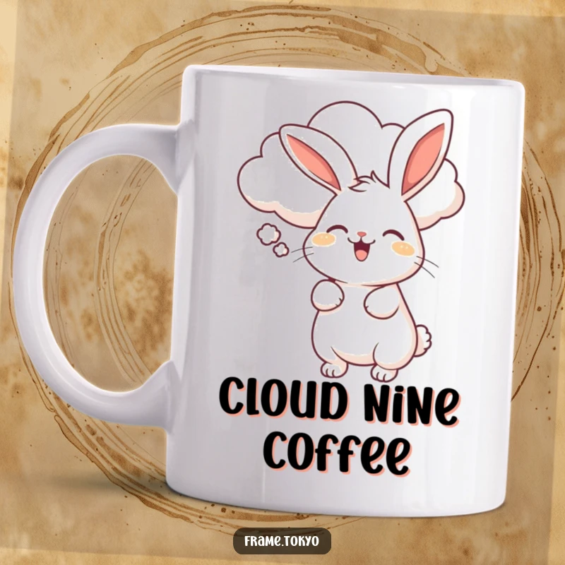 Funny mug featuring a rabbit doing a happy wiggle, being softly blown by a friendly, smiling, fluffy cloud.