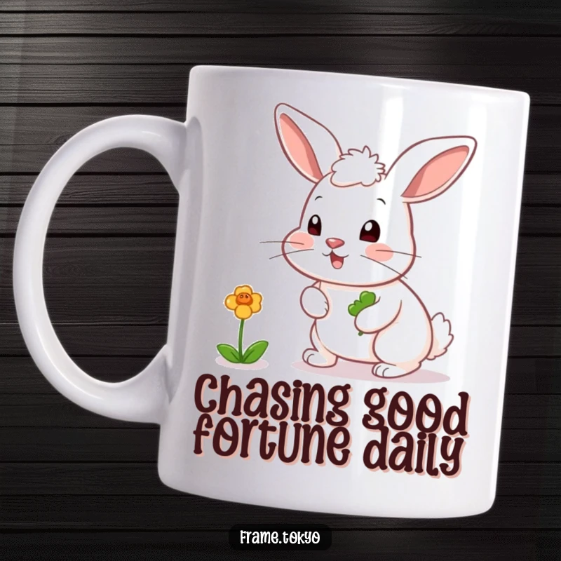 Funny mug featuring a rabbit with a twitching nose, playfully chasing a bouncing, colorful clover with determination.