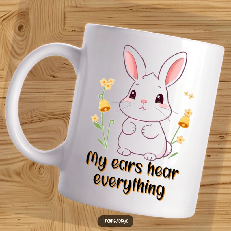 Funny mug featuring a cute rabbit with perked ears, intently listening to the soft chime of tiny, bell-shaped flowers in a peaceful garden.