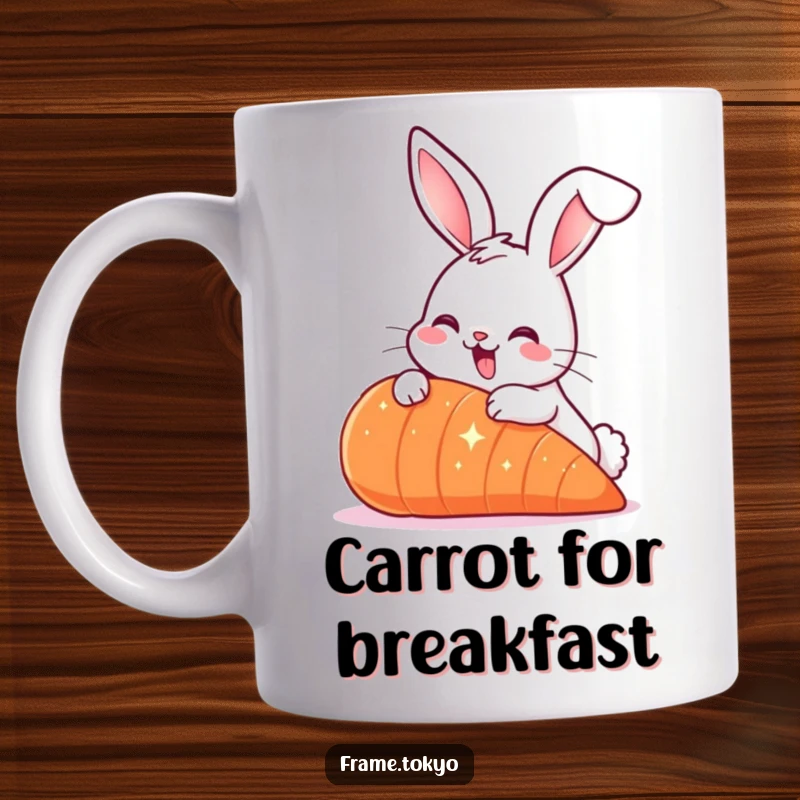 Funny Smiling Rabbit Mug with long ears, nibbling a giant sparkling carrot, a humorous and delightful animal.