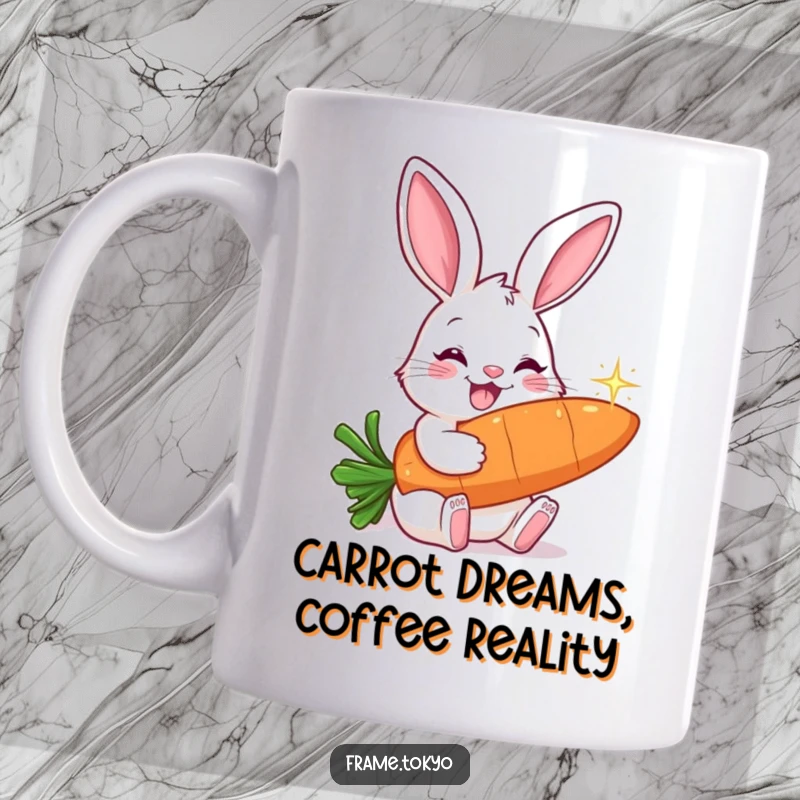 Funny mug featuring a smiling rabbit with impressively long ears, happily nibbling on a huge, sparkling carrot.