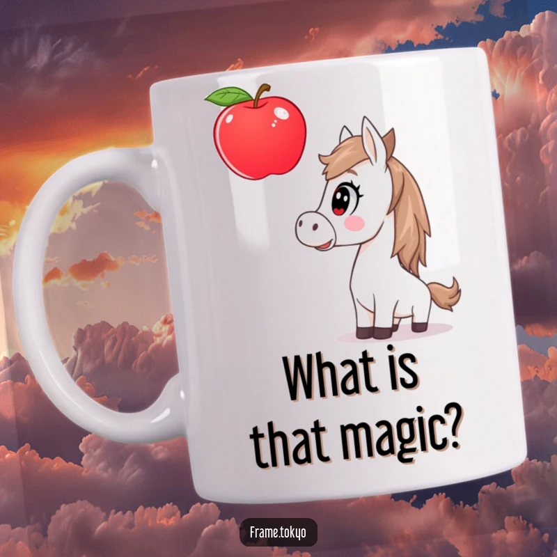 Funny horse mug showing a surprised equine staring wide-eyed at a giant, mystically floating apple, evoking comical wonder.