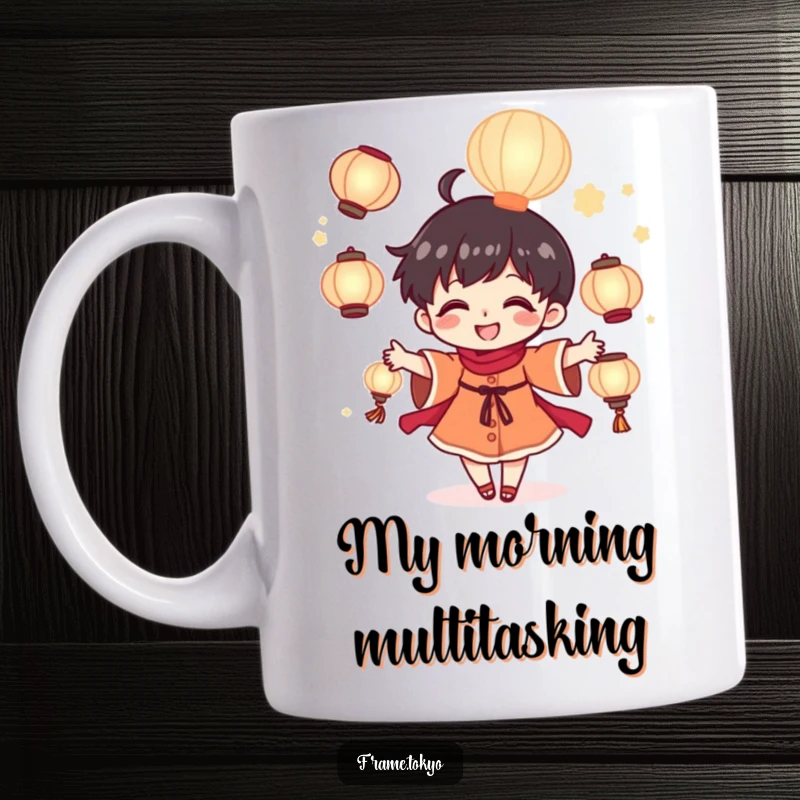 Funny tiny character mug joyfully juggling multiple glowing lanterns, radiating warmth and happiness, a magical sight.