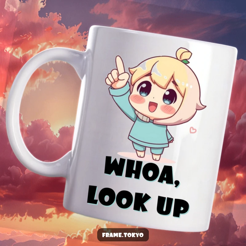 Funny Mug showing a character excitedly pointing upwards with eyes wide in wonder, inspiring joy and aspiration.