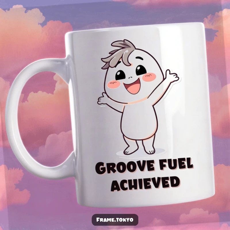 Funny mug featuring a character with a massive smile, striking a hilariously silly dance pose with joyful abandon.