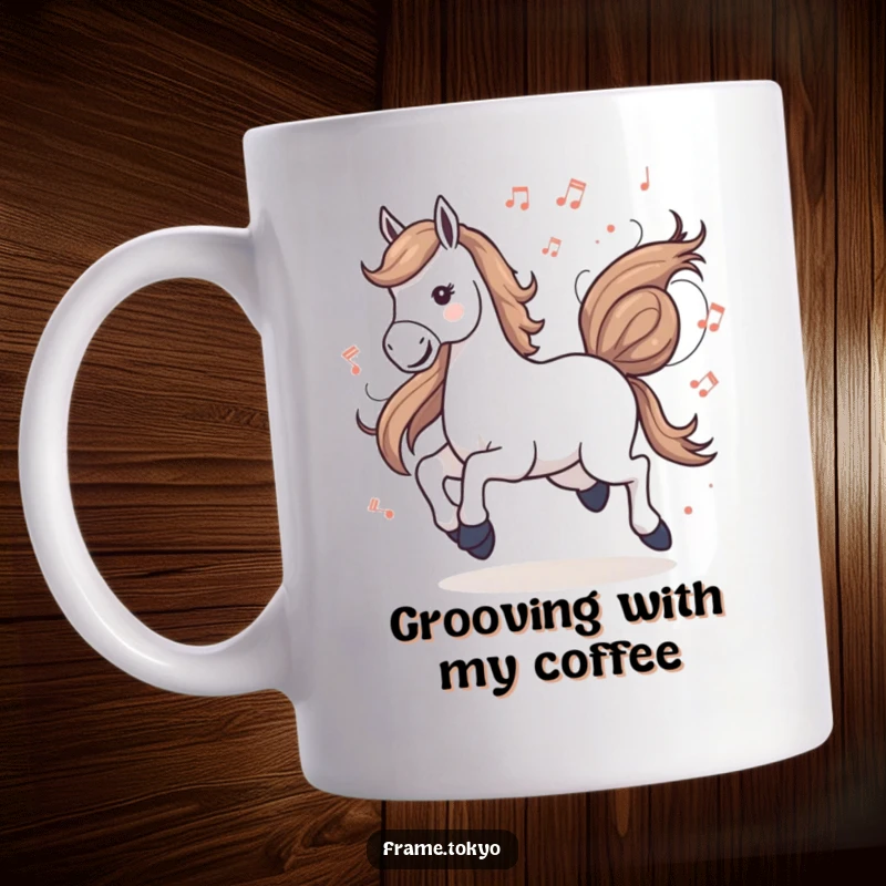 Funny musical horse mug, joyfully galloping with abstract musical notes swirling around, celebrating harmony and equestrian movement.