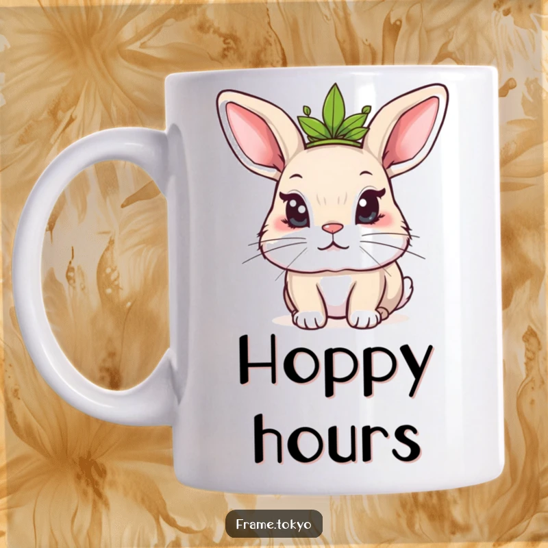 Funny Kawaii rabbit mug showing a cute rabbit with a mischievous glint, wearing a tiny leafy crown, looking regal and sly.