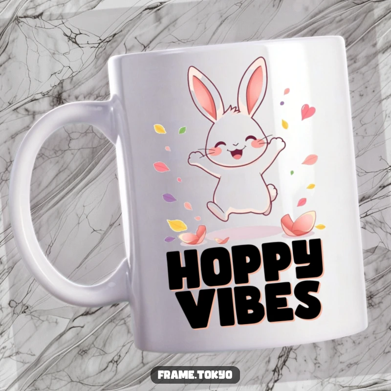 Funny Kawaii rabbit mug showing a joyful rabbit leaping happily, with abstract colorful petals scattering around it, conveying pure delight.