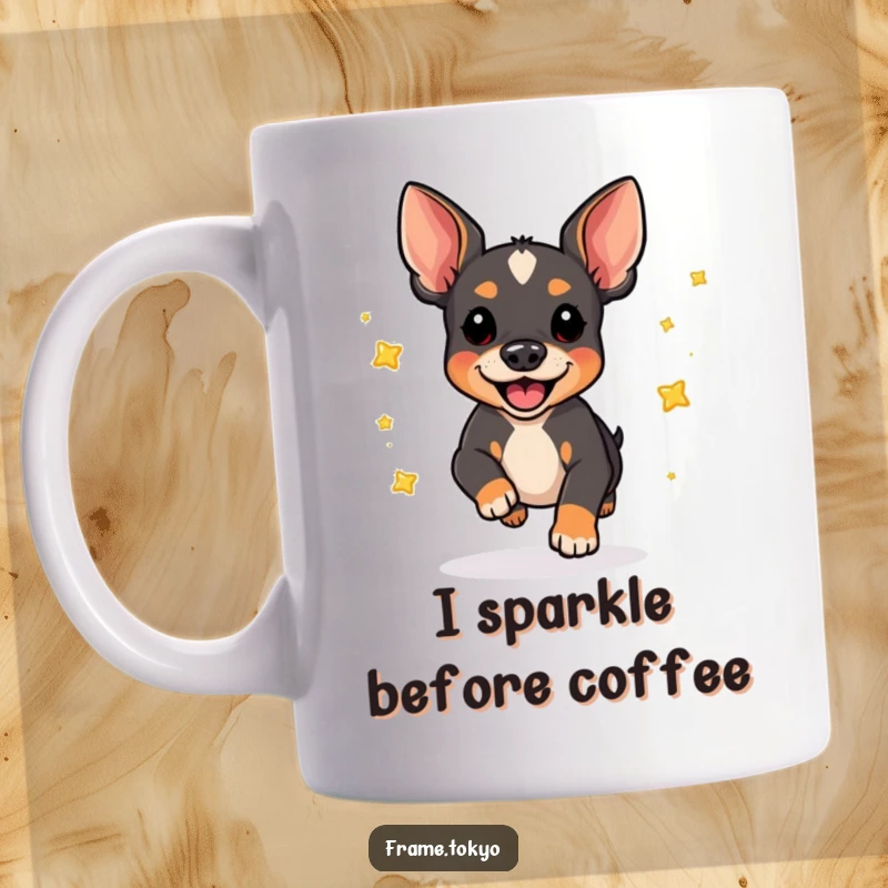 Funny pinscher dog mug, captured mid-pounce, joyfully scattering shimmering stars. Captures playful energy and happiness.