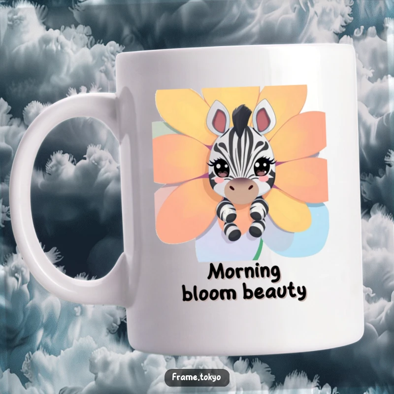 Funny zebra mug; a curious zebra with sparkling eyes peeks playfully from behind a large, colorful flower.