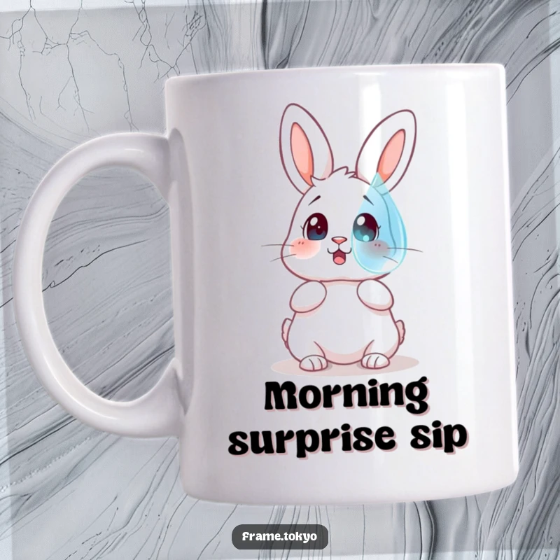 Funny mug showing a rabbit with a surprised expression, gazing in awe at a giant, floating dewdrop, signifying wonder.