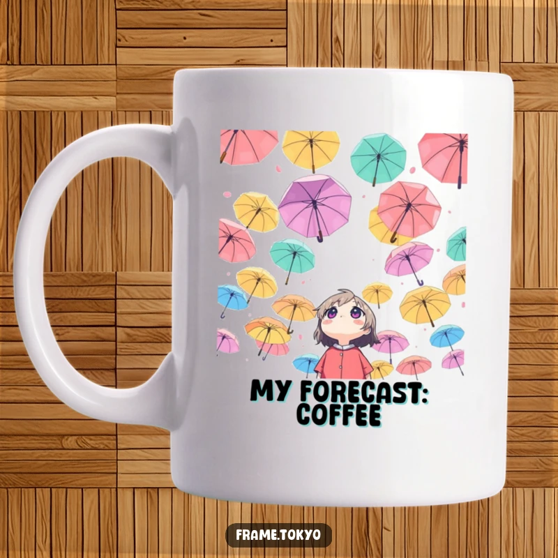 Funny Character Mug: Character looking up in wonder at a sky full of floating colorful umbrellas, magical scene.