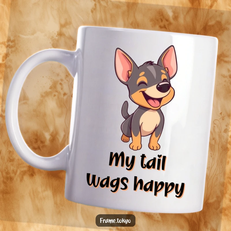 Funny pinscher mug showing a dog happily barking with its tail wagging furiously, radiating pure joy and excitement.