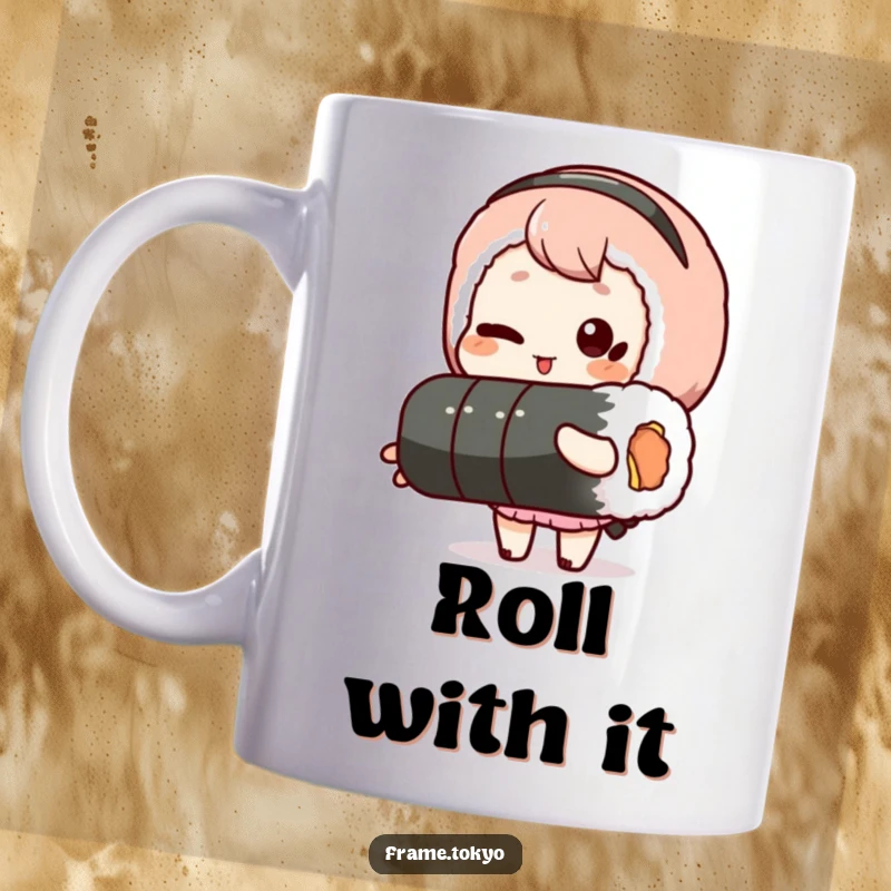 Funny mug with a character winking playfully while holding a long sushi roll, conveying a humorous and delicious foodie vibe.