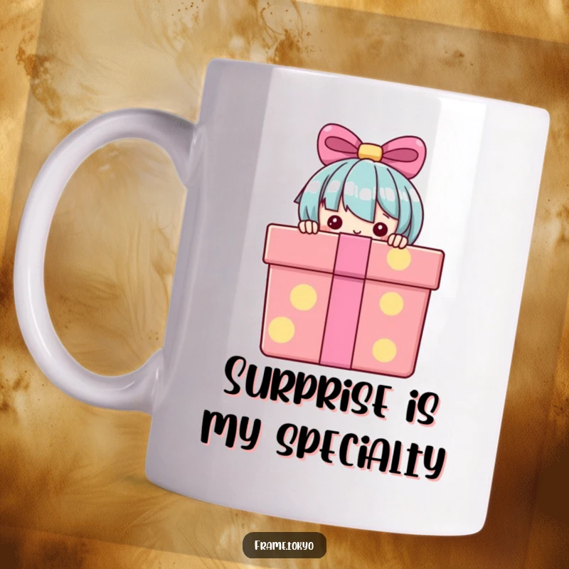 Funny Mug showing a cartoon character with wide eyes peeking out from behind a huge, brightly colored gift box, hinting at a surprise.